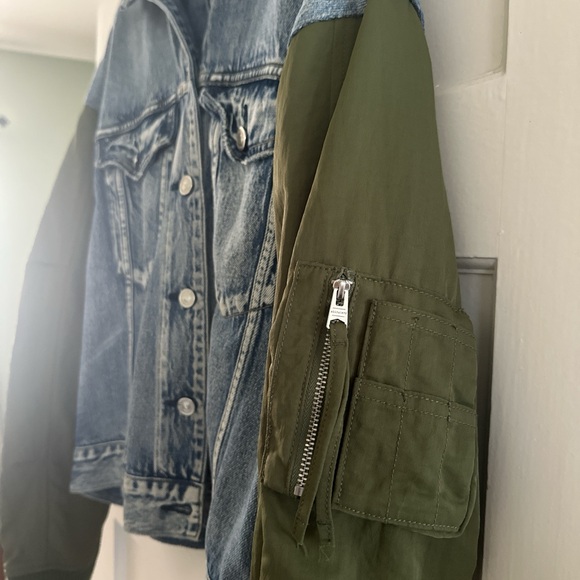 All Saints Blue Denim Jacket with Green Sleeves bomber jacket - Picture 3 of 4